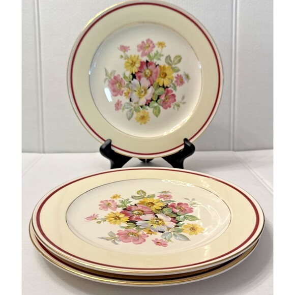 Edwin M. Knowles Semi Vitreous China 3 Salad Plates Floral Center Gold Trim 8" - Picture 1 of 5